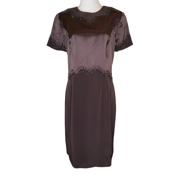 Vintage Oleg Cassini Black Tie Brown Satin Beaded Short Sleeve Dress Sz 12 - Picture 1 of 17